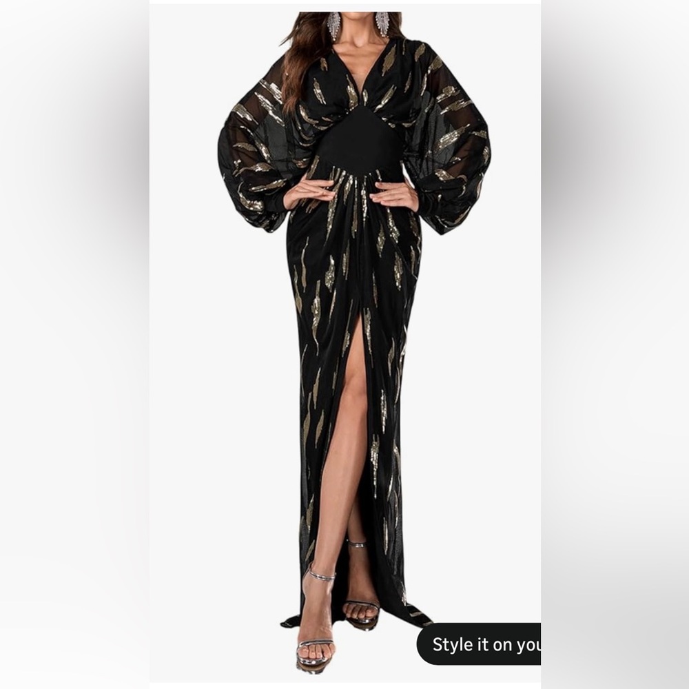Gorgeous black w gold gown, cocktail dress high slit large, worn once flattering